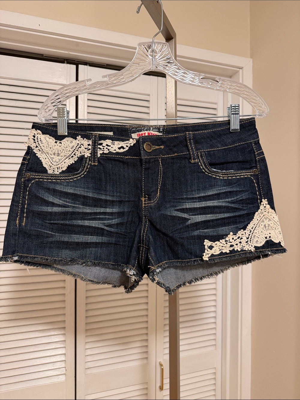 Hot Kiss Dark Blue Denim Shorts with Cream Crochet Trim